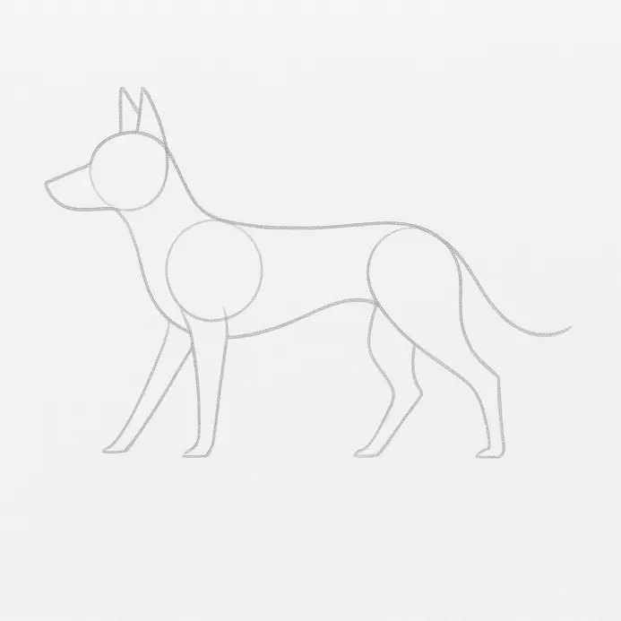 A fuller pencil outline now connects the dog’s head, snout, body, legs, ears, and tail.