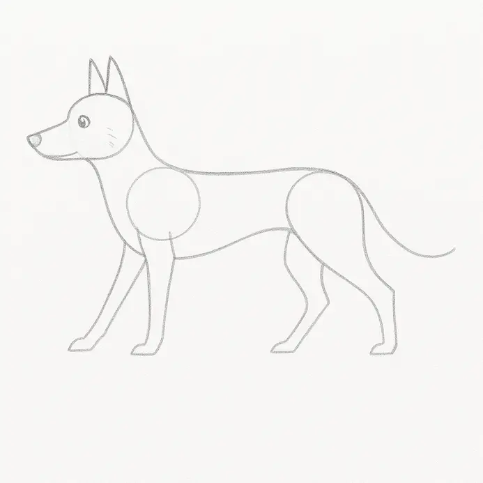 The outlined dog now shows eyes, nose, mouth, ears, legs, tail, and small pencil fur marks.