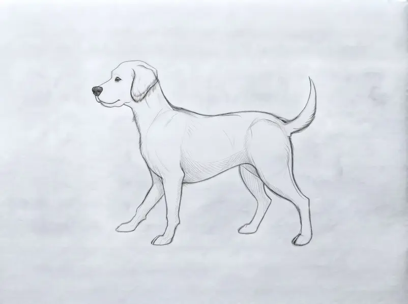 The finished inked dog drawing has soft graphite shading under the belly, inside legs, and behind the ears.