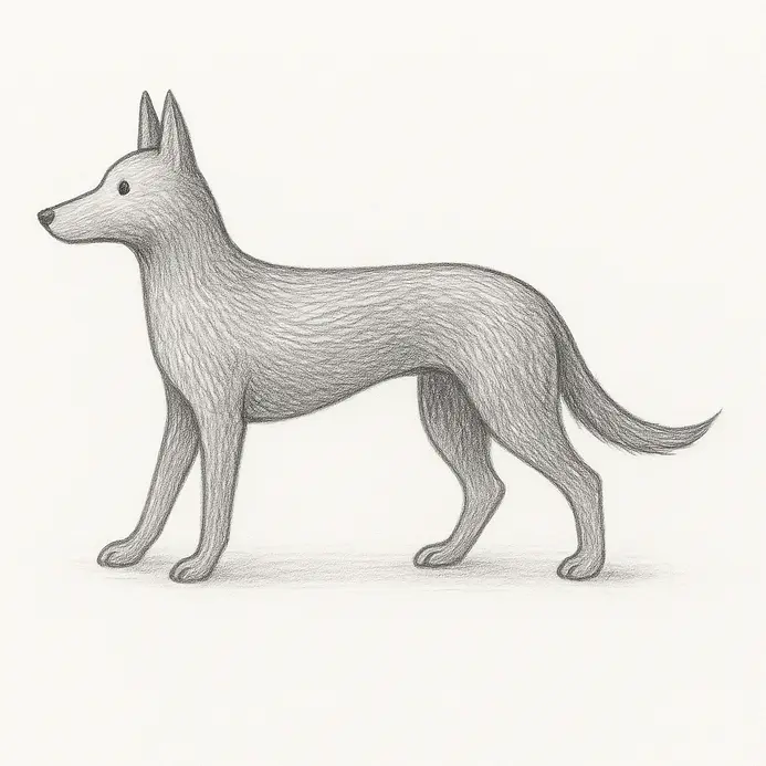 The finished pencil dog shows clean outlines, soft shading, facial details, and directional fur lines.