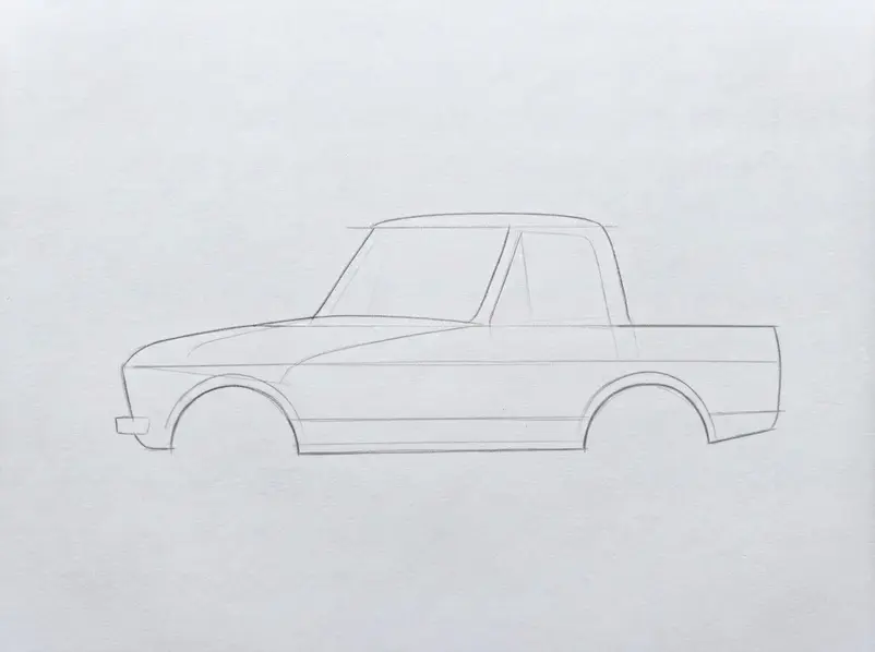 A pencil truck outline shows the long body, cab, hood, and two balanced circular wheels.