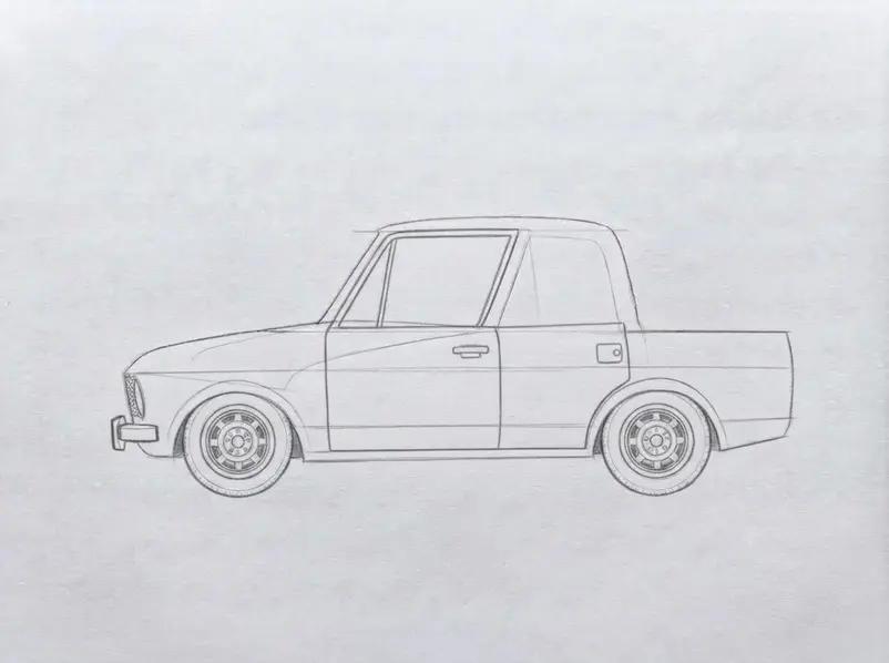 The connected pencil truck silhouette includes its body, cab, hood, and two aligned wheels.
