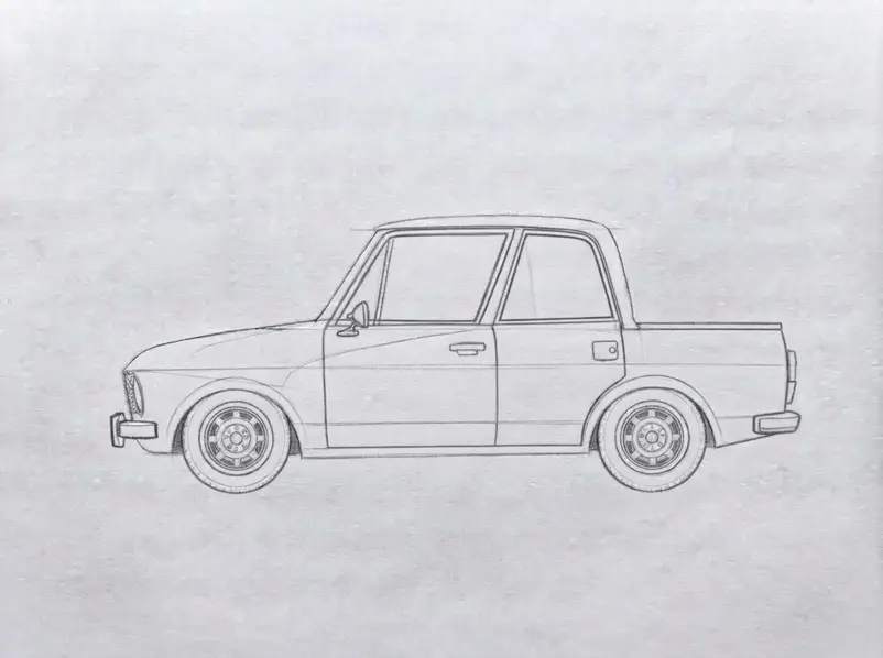 A refined pencil truck shows windows, doors, bumpers, mirrors, wheels, and a clean outer outline.