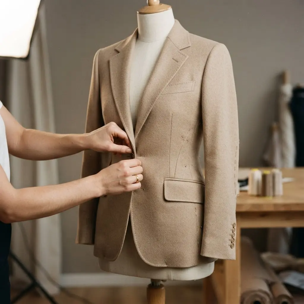 Fashion photograph of a seamstress pinning the waist of a beige blazer on a dress form.