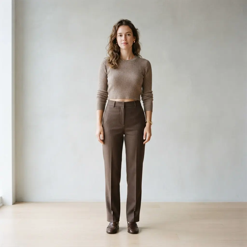 Fashion photograph of a woman wearing a cropped knit and high-rise trousers in a fashionable outfit.