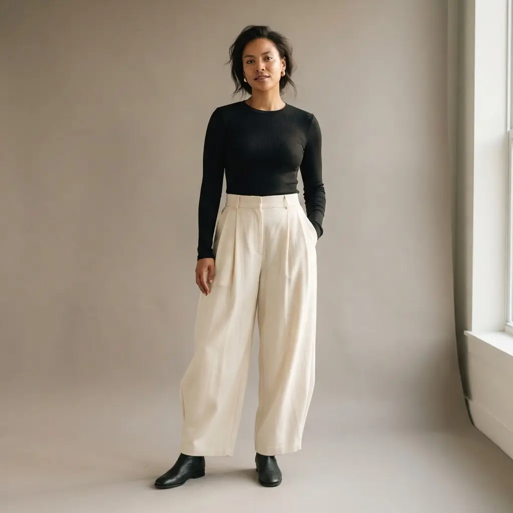 Fashion photograph of a fitted black top paired with wide-leg cream trousers to balance volume.