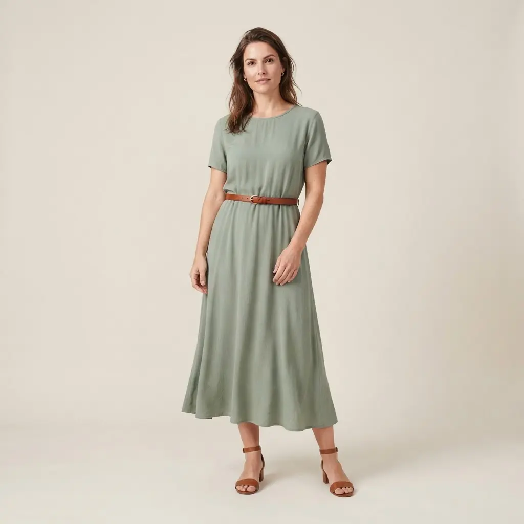 Fashion photograph of a fashionable outfit featuring a slim belt over a softly draped midi dress.