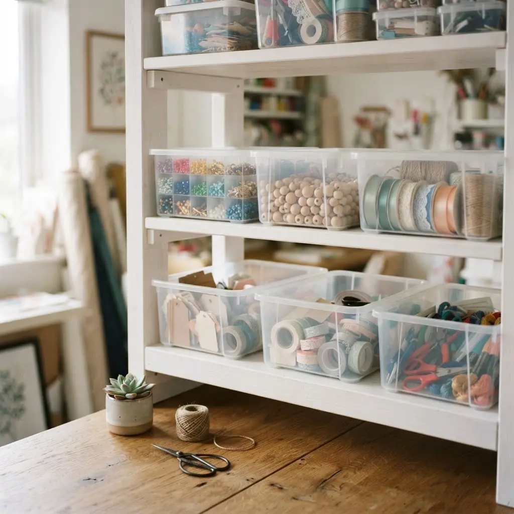 Clear bins hold beads, ribbon, and buttons on a shelf for small-space supply storage.