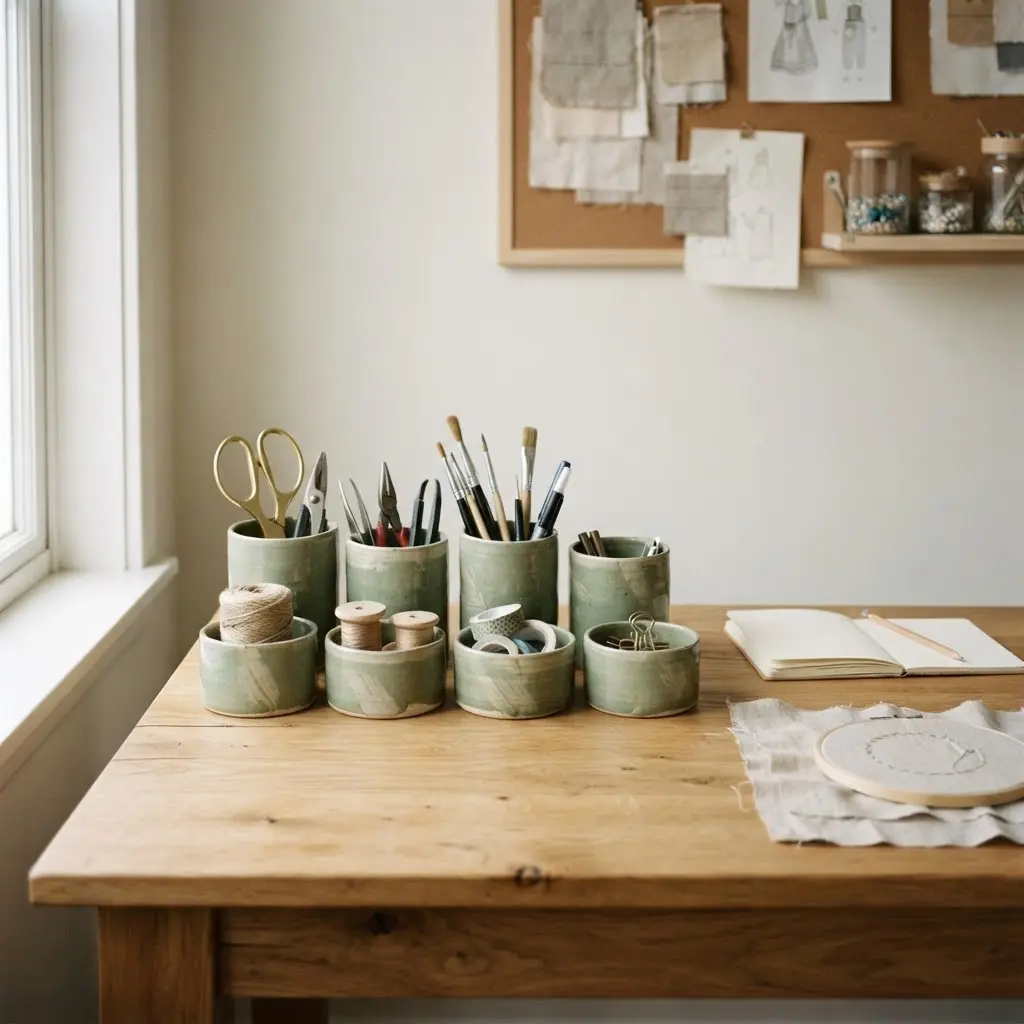 A tidy worktable shows labeled containers, neatly placed tools, and a clear project area.