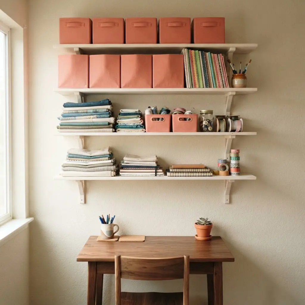 White wall shelves hold labeled boxes, paper packs, and folded fabric beside a small desk.