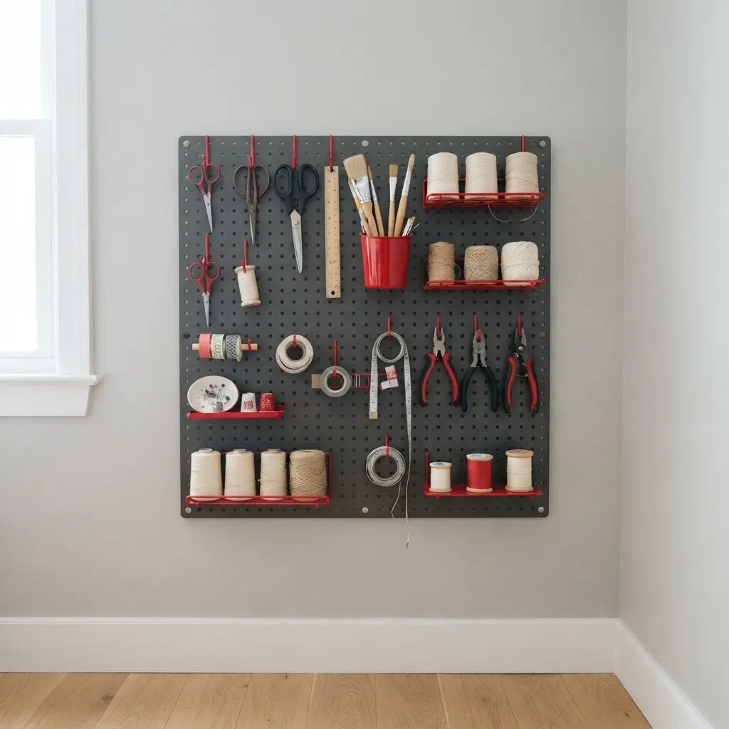A pegboard displays scissors, thread spools, brushes, and small tools for small-space supply storage.