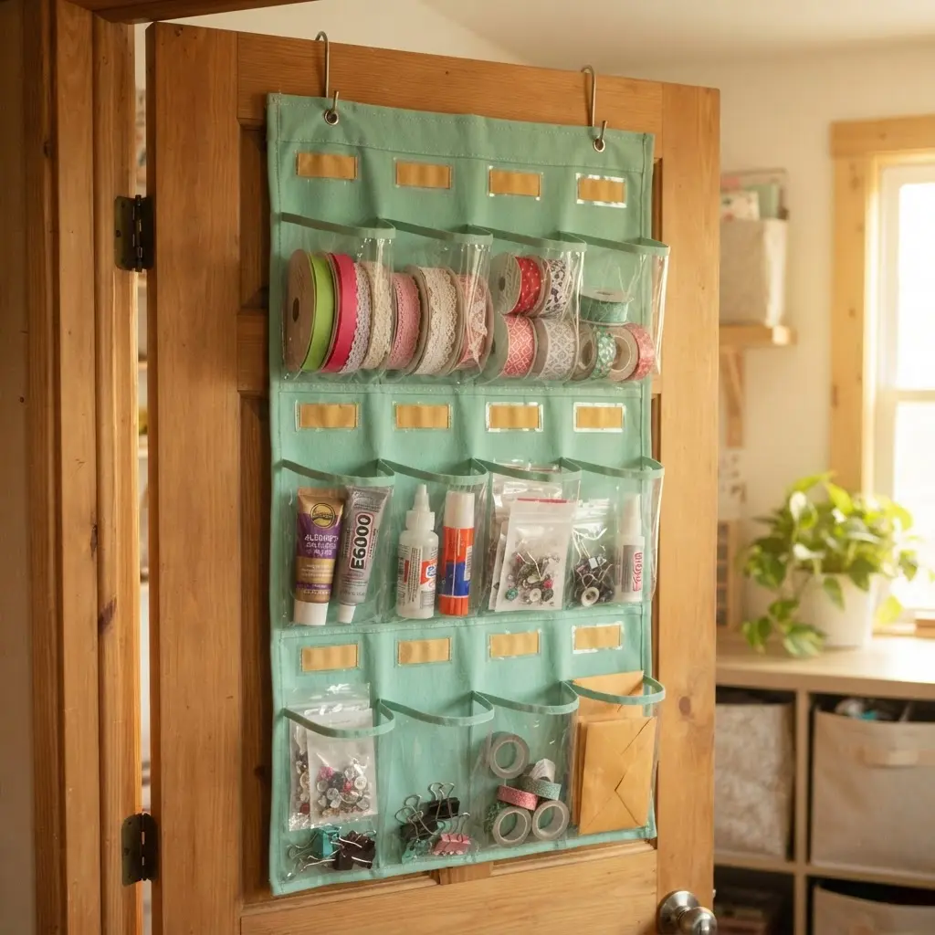 An over-the-door organizer holds ribbon, glue, labels, and small packets in clear pockets.