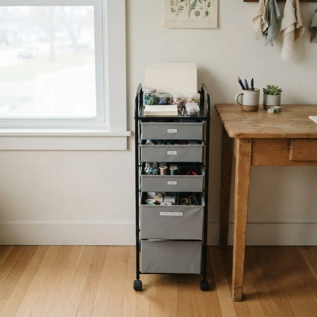 A narrow rolling cart stores beads, tools, and paper beside a desk for small-space supply storage.