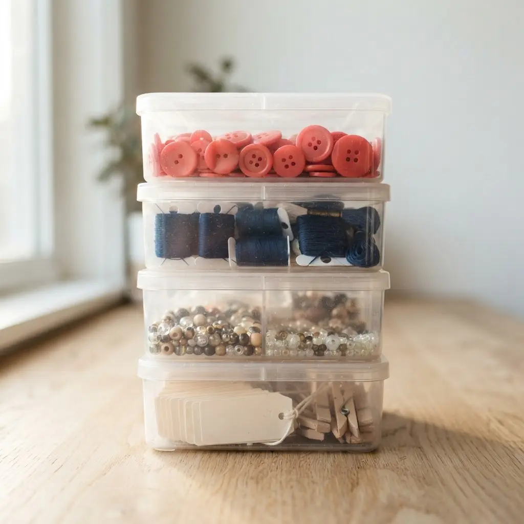 Stacked clear boxes hold buttons, thread, beads, and labels in separate compartments.