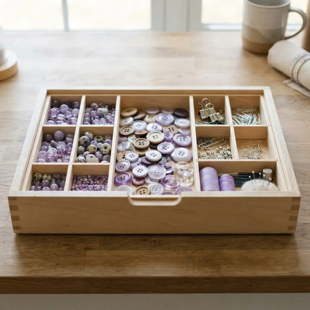 A divided drawer separates beads, buttons, clips, and sewing notions for small-space supply storage.