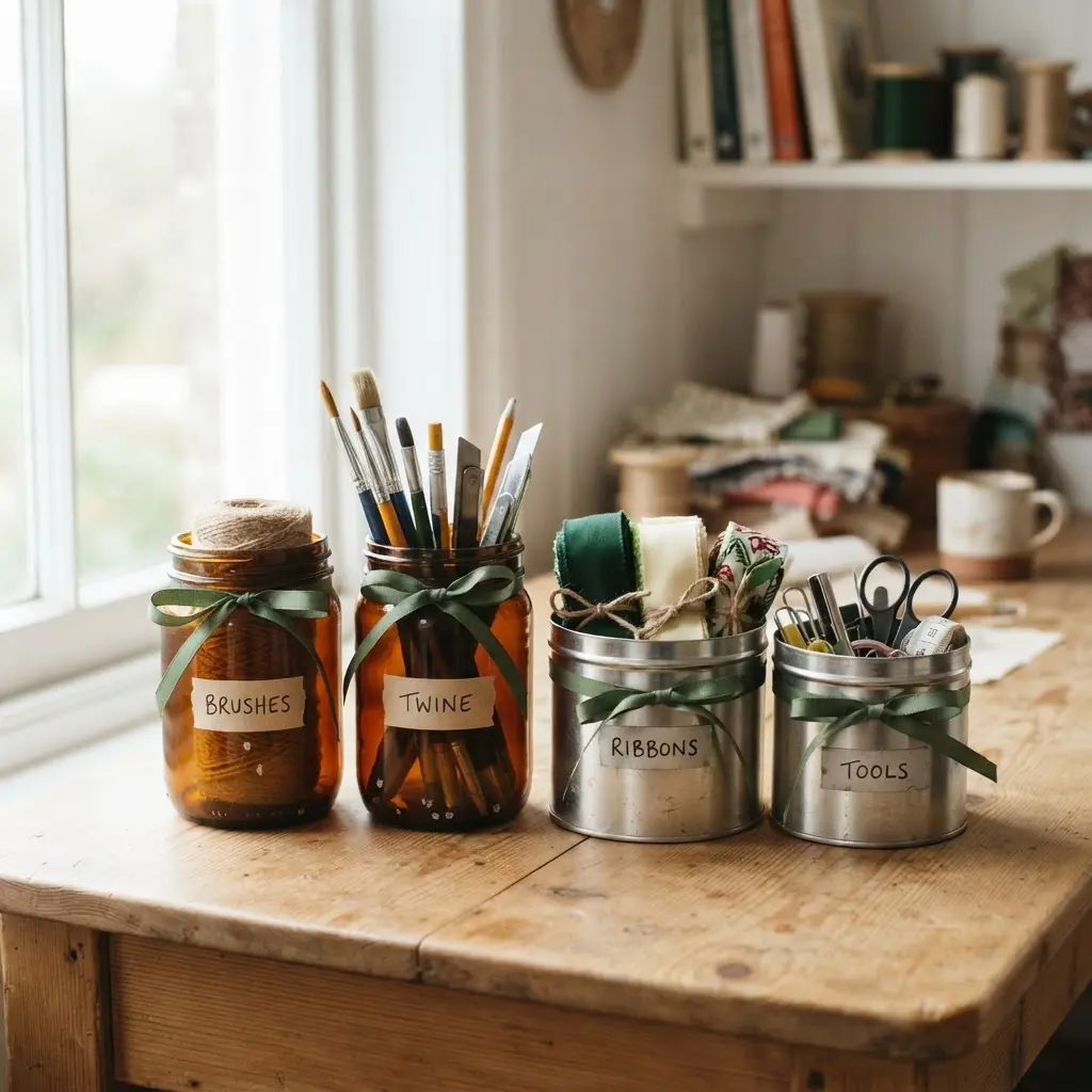 Glass jars and metal tins hold brushes, pens, ribbon, and small tools on a desk.