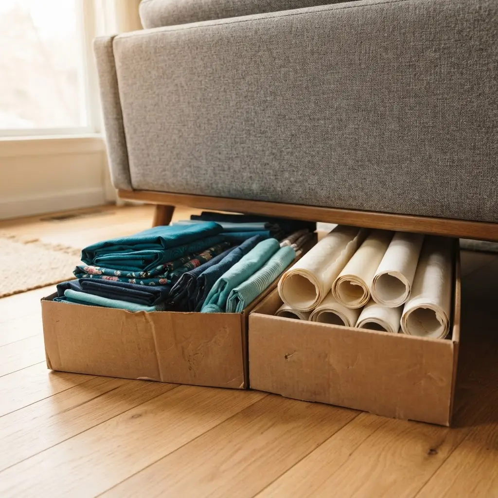 Flat boxes beneath a sofa hold folded fabric and paper rolls for small-space supply storage.