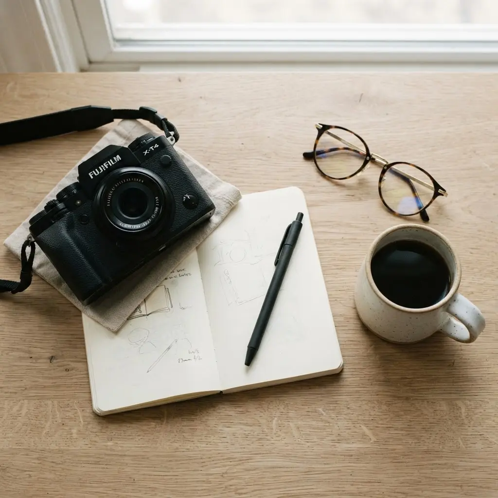 Minimal flat lay showing a camera, notebook, glasses, and ceramic cup arranged on a pale surface with soft shadows.