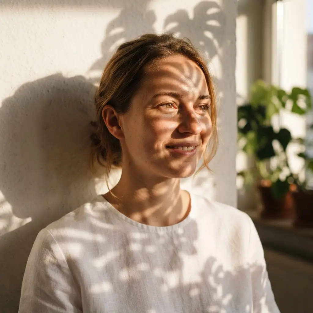Portrait with patterned leaf shadows across the face and wall, using directional sunlight and a simple neutral outfit.