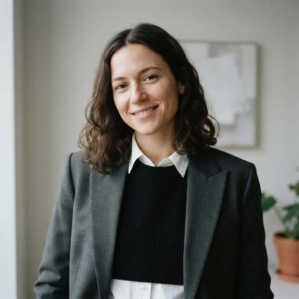 Portrait showing a coordinated monochrome outfit, plain background, soft side light, and a relaxed head-and-shoulders pose.