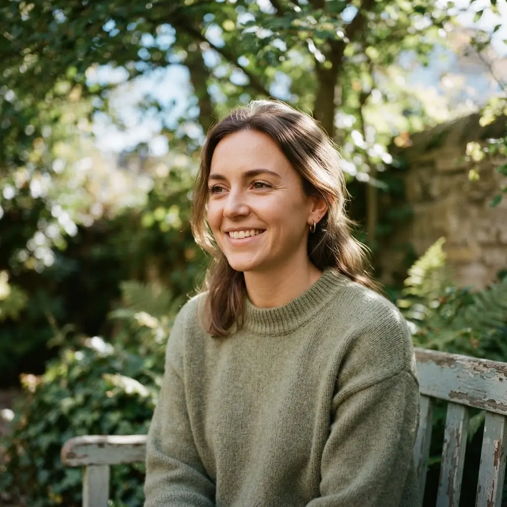 Outdoor portrait showing a person beneath soft natural light, with gentle colors, clear facial detail, and leafy surroundings.