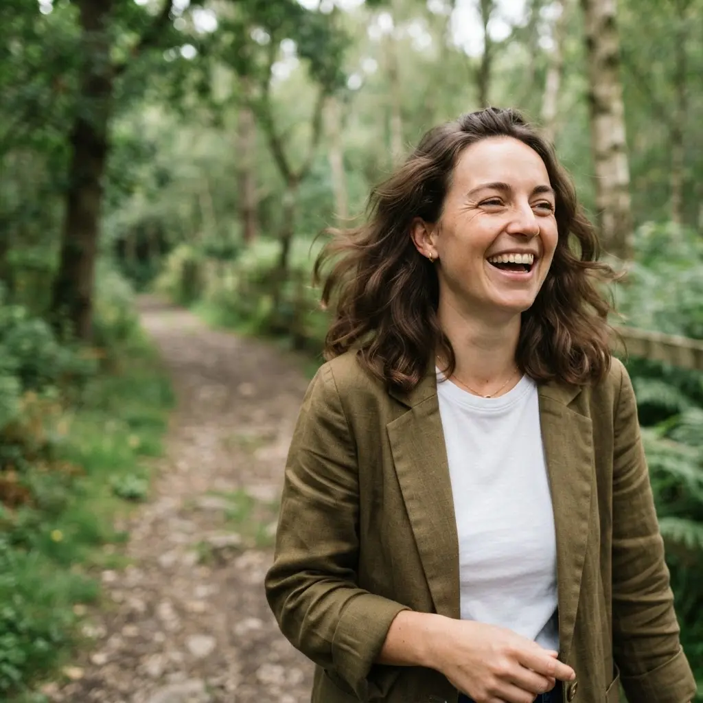 Candid outdoor portrait showing a person laughing beside a path, with natural movement, soft daylight, and a clear face.