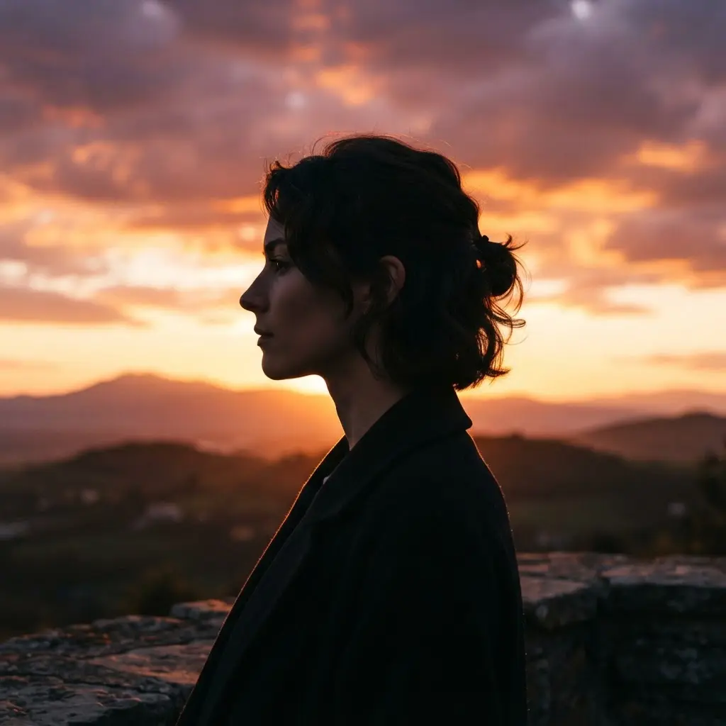 Side-profile silhouette against a warm sunset sky, with a clean head-and-shoulders outline and bright backlighting.