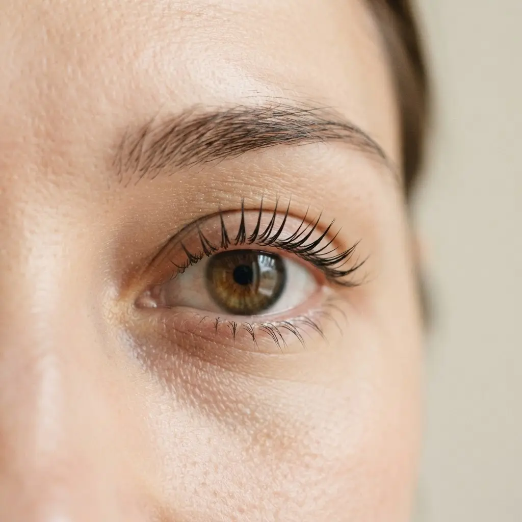 Close-up portrait focused on one eye, showing eyelashes, eyebrow detail, natural skin tones, and soft surrounding shadows.