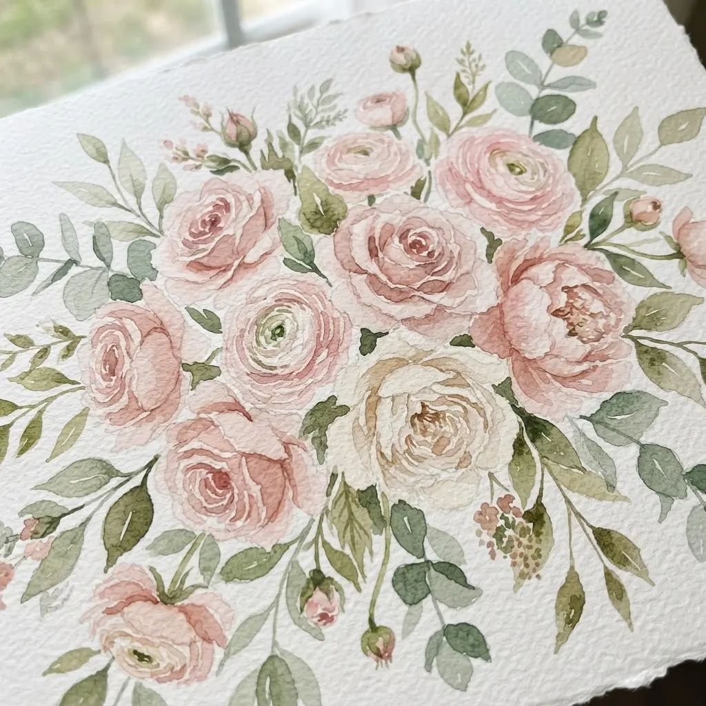 Elegant floral watercolor wedding invitation with blush flowers, green leaves, and soft hand-painted edges.