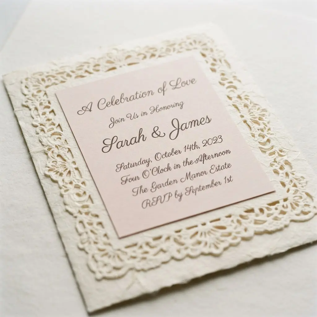 Die-cut lace engagement party invite with an openwork white border, pale pink insert, and script lettering.