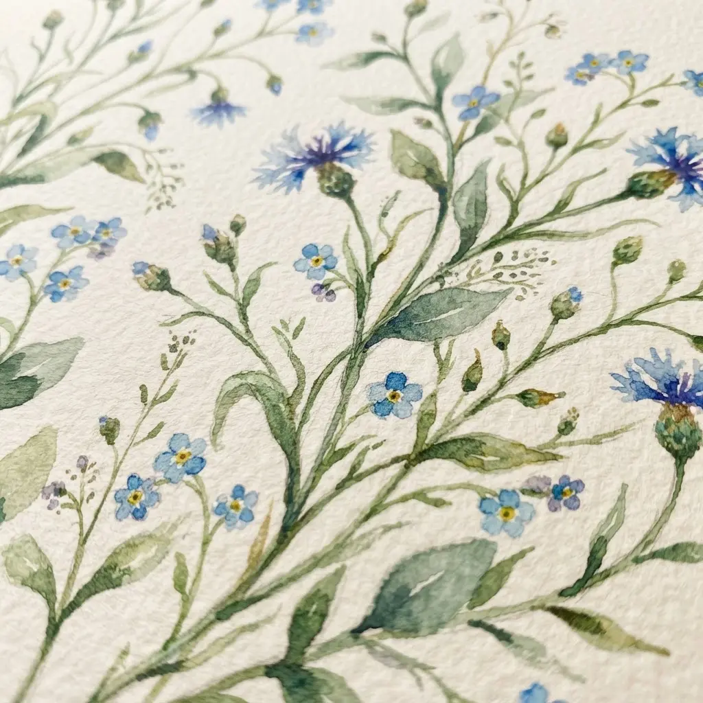 Hand-painted botanical wedding invite with green stems, small blue flowers, and handwritten-style event text.