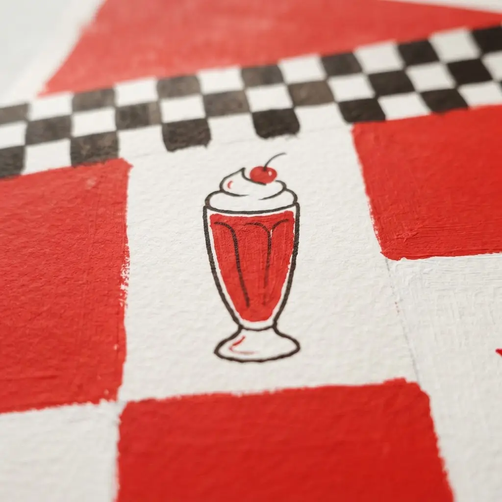 Retro diner style birthday invite with red lettering, checkerboard trim, and a small illustrated milkshake.