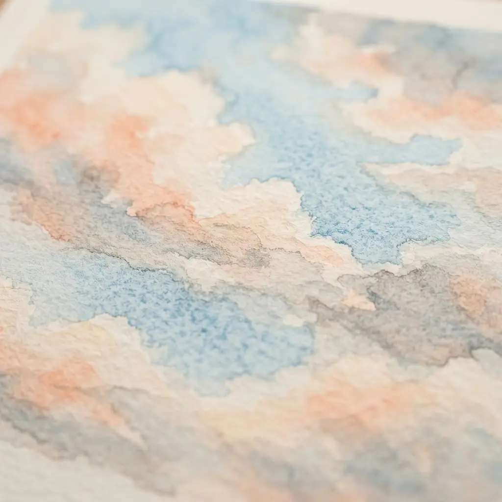 Soft pastel baby shower invite with watercolor clouds, peach accents, and delicate gray event lettering.