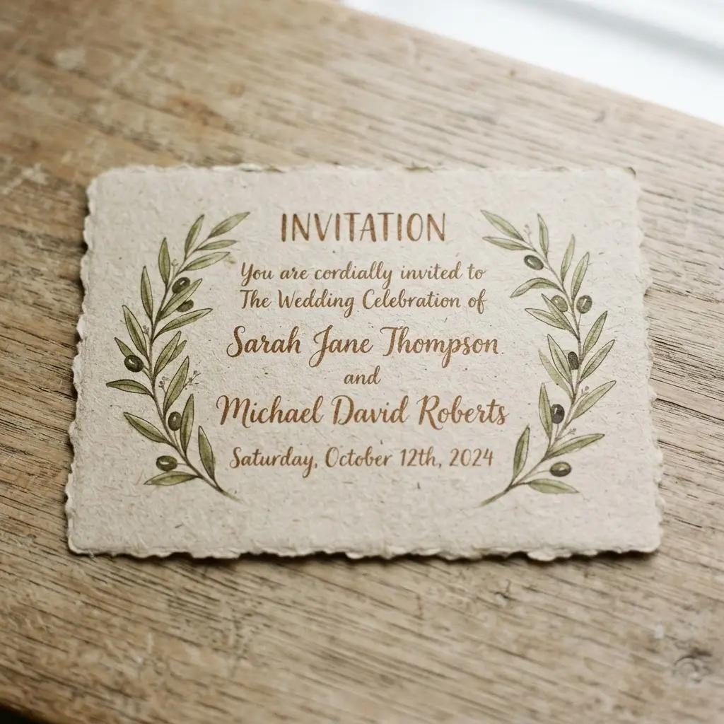 Earthy tones rustic wedding invite with brown ink, olive leaves, warm beige paper, and simple centered text.