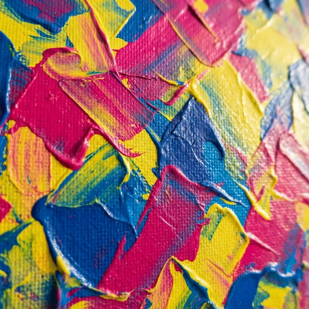 Artistic abstract party invitation with bright painted shapes, layered brush marks, and white event lettering.