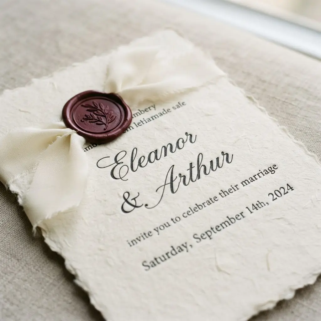 Luxurious wax seal wedding invite with cream paper, burgundy seal, ivory ribbon, and elegant printed names.