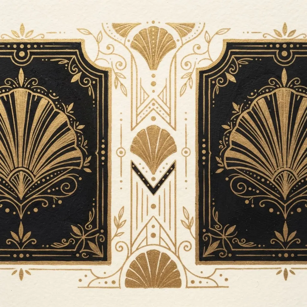 Vintage Art Deco anniversary card with black panels, gold linework, and symmetrical fan motifs.