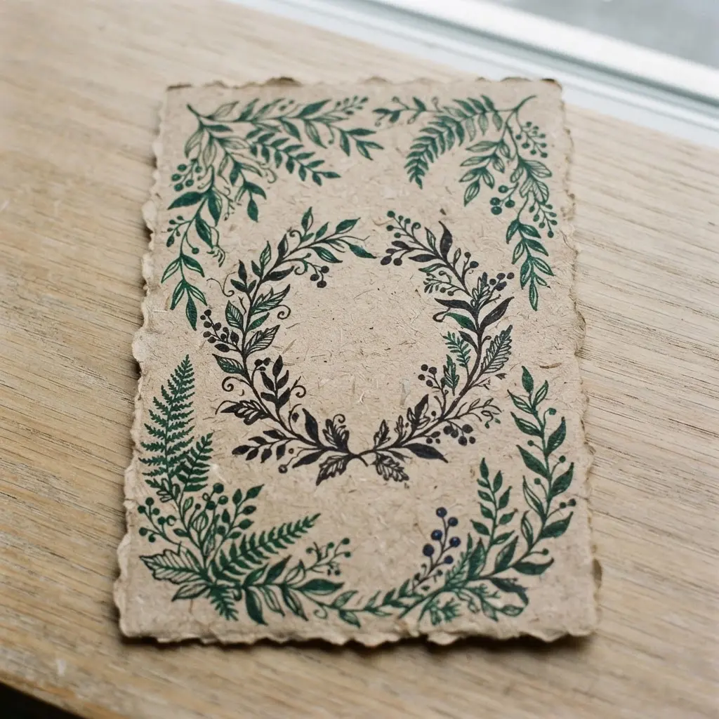 Rustic kraft paper garden party invite with dark ink lettering, leafy accents, and a deckled edge.