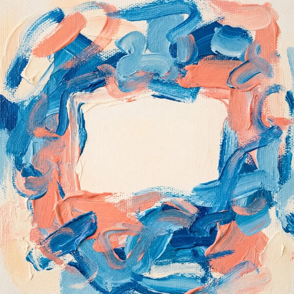 Abstract brush stroke engagement invite with layered blue and coral paint marks around centered event wording.
