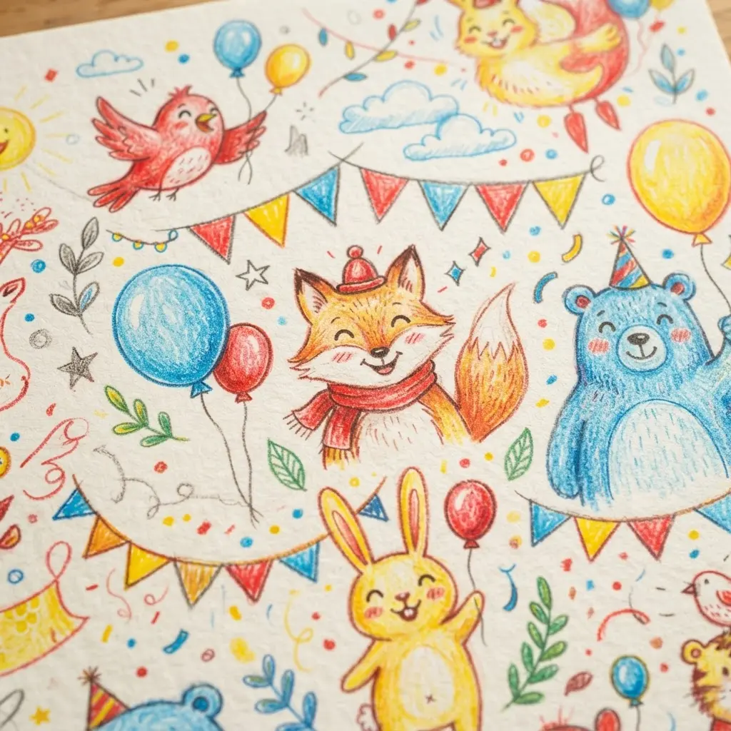 Whimsical hand-drawn kids birthday invite with smiling animals, balloons, and colorful pencil details.