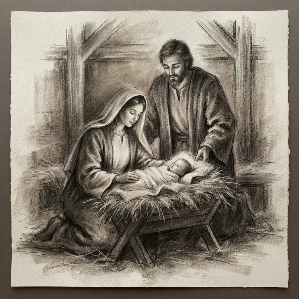 Charcoal drawing of the Nativity manger with Mary, Joseph, and infant Jesus in gentle shadow. Jesus Christ drawing ideas.