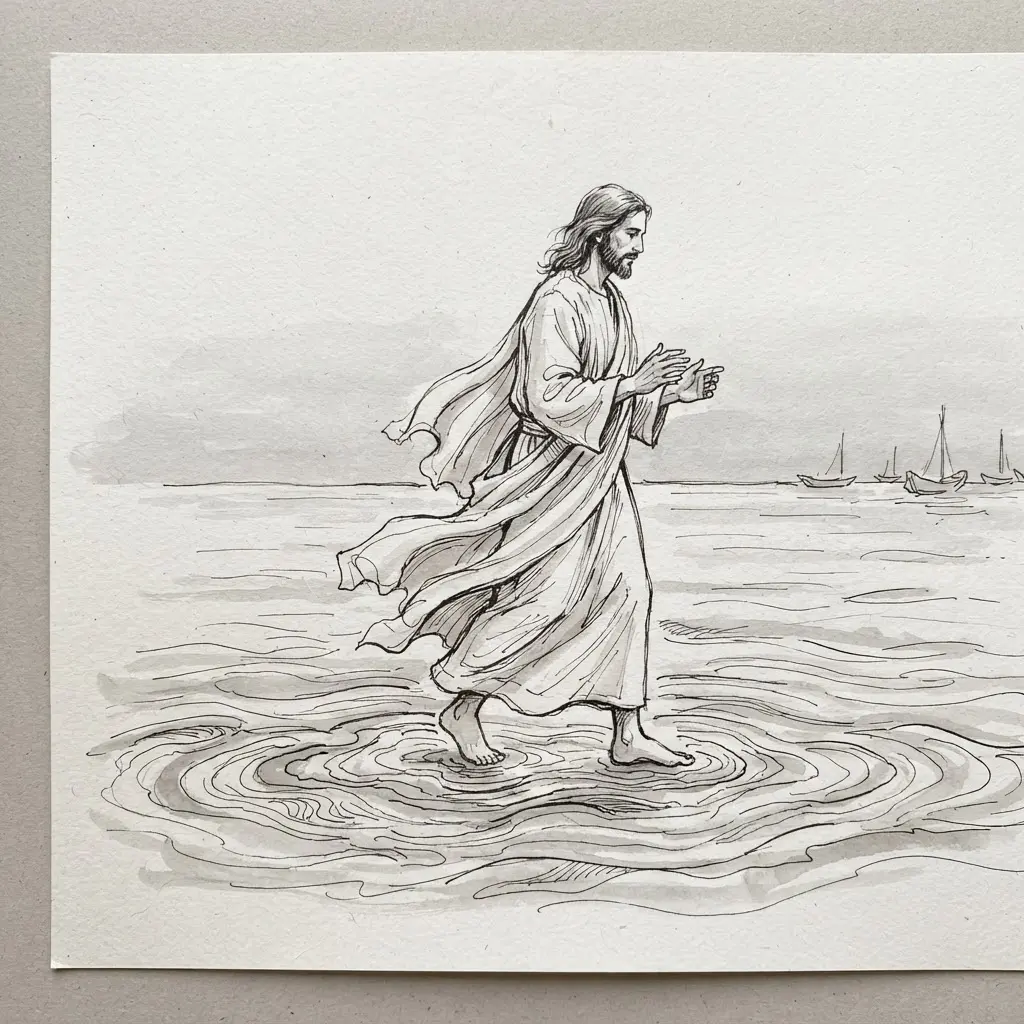 Pen sketch showing Jesus walking across rippling water with windblown robes and distant boat shapes.