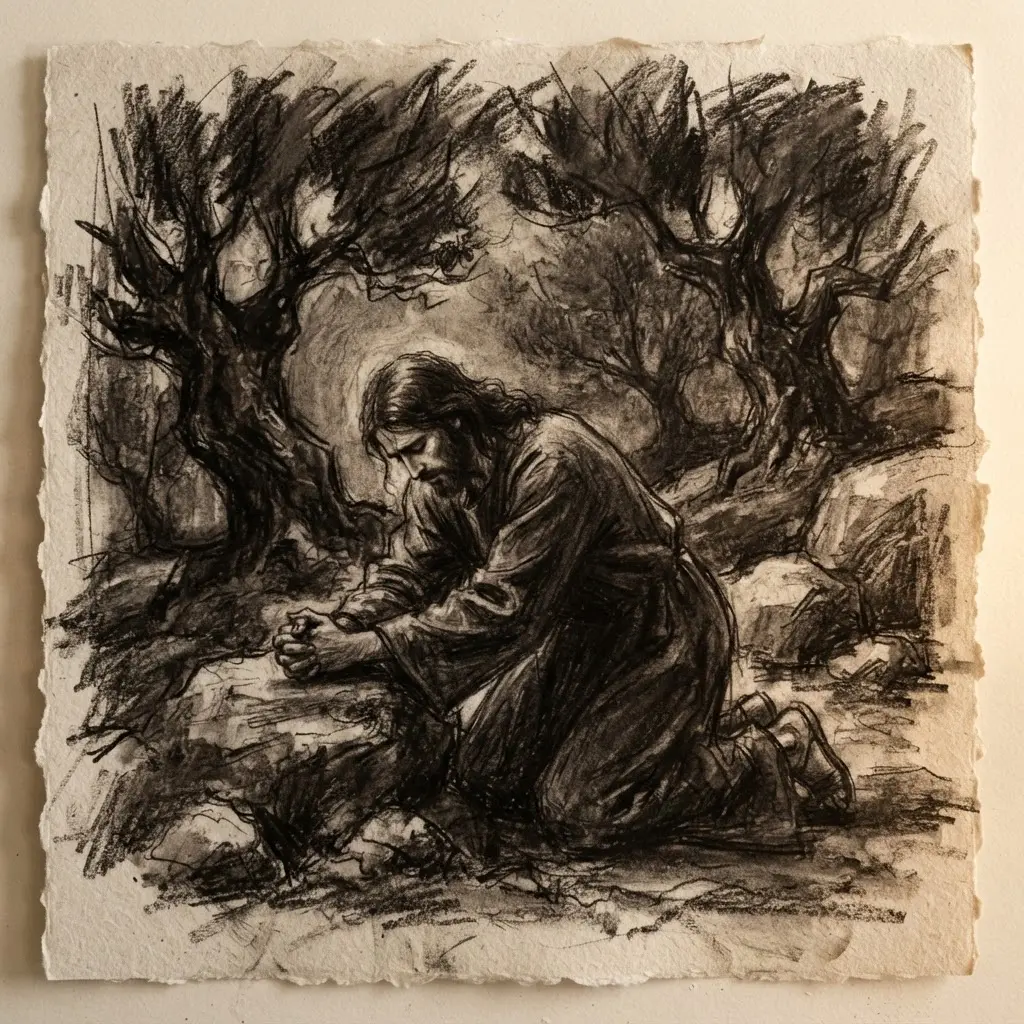 Expressionist charcoal drawing of Jesus kneeling in the Garden with heavy marks, bent posture, and dark trees. Jesus Christ drawing ideas.