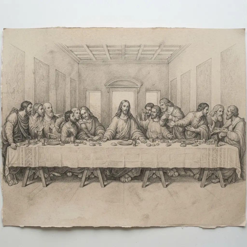 Detailed graphite Last Supper scene showing Jesus and the disciples seated around a long table with bread and cups.