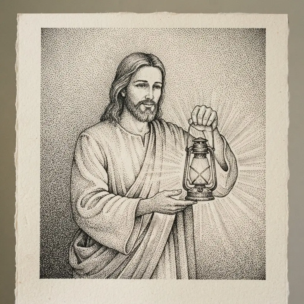 Stippled ink illustration of Jesus holding a lantern-like light with dotted shading across the robe and background.