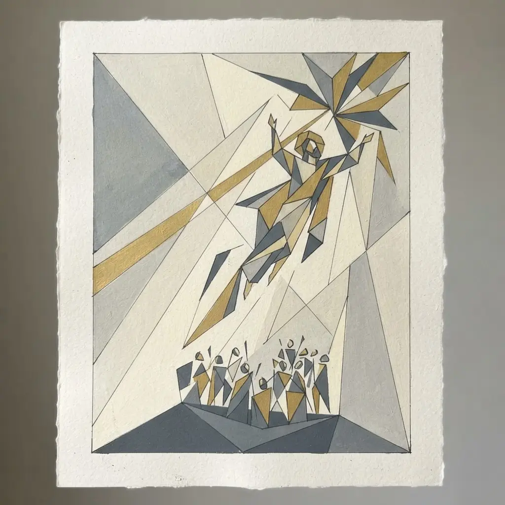 Geometric abstract drawing of the Ascension using angular shapes, rising lines, and a small group below.