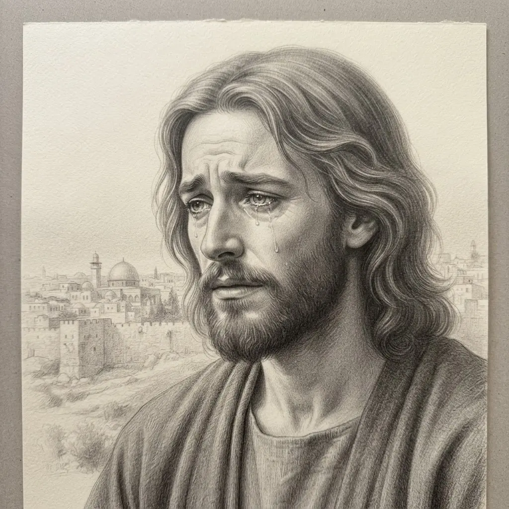 Realistic graphite portrait of Jesus with tearful eyes, a lowered gaze, and faint Jerusalem buildings behind him.