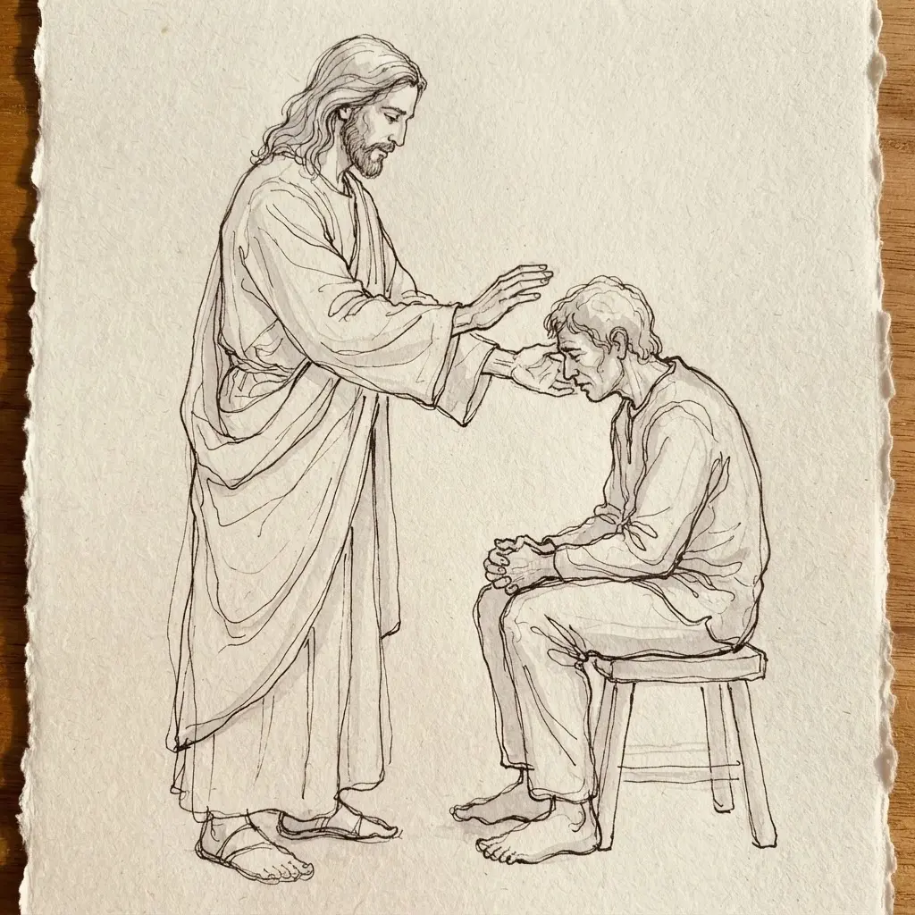 Contour line drawing of Jesus extending one hand toward a seated person during a healing moment.