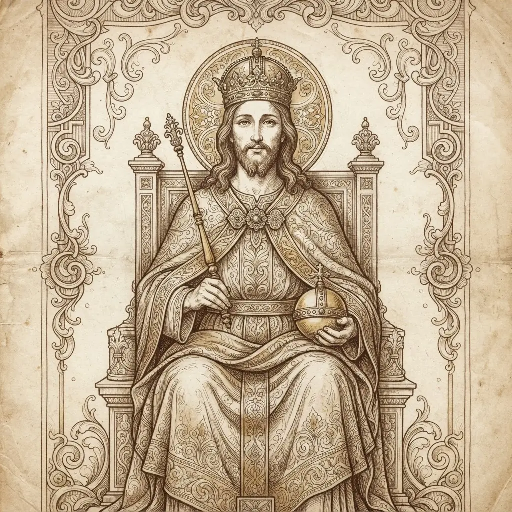 Vintage-style ink drawing of Jesus wearing a crown and robe with ornamental borders and an aged paper tone.