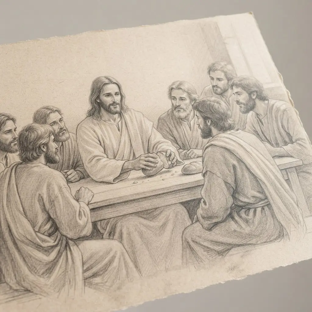 Soft pencil drawing of Jesus breaking bread among seated figures at a simple table with gentle shading.